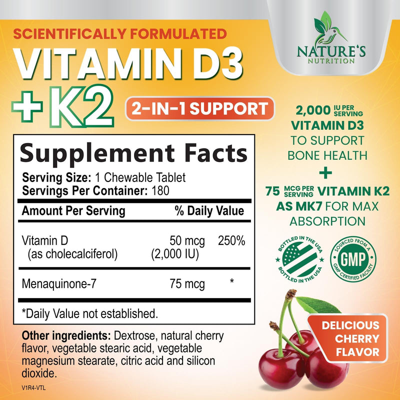 Vitamin D3 K2 Supplement - 2000 IU D3 Per Serving - Extra Strength MK-7 K with Vitamin D3 - For Immune Support, Heart, Teeth & Bone Health - Easy to Swallow D3K2 Chewable, Berry Flavor - 180 Tablets 180 Count (Pack of 1)