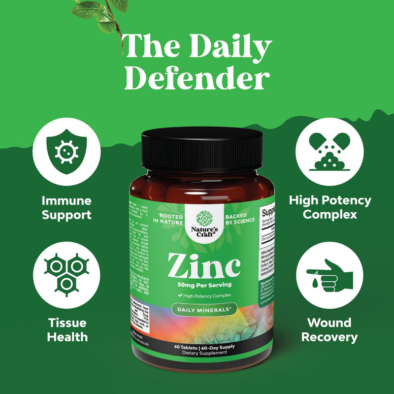 Zinc 50mg Immune Support Supplement - Zinc Complex Supplement for Immune System and to Enhance Hair Skin and Nails Vitamins - Easy to Swallow Potent Daily Tablets for Adults - 60 Count 60 Count (Pack of 1)