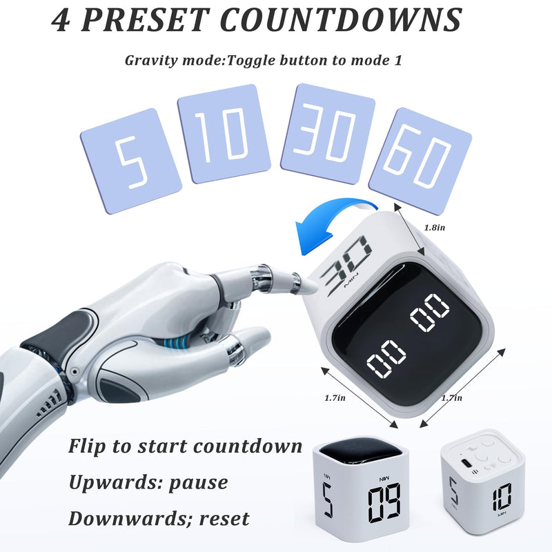 2Pcs Rotating Pomodoro Timer 5,10,30, 60 Minutes Preset,Desk Productivity Flip Timer, Visual Cube Countdown Stopwatch,Custom Modes/Vibration/High/Low Volume,ADHD Timers, for Study, Work, Kitchen White-2pcs - BeesActive Australia