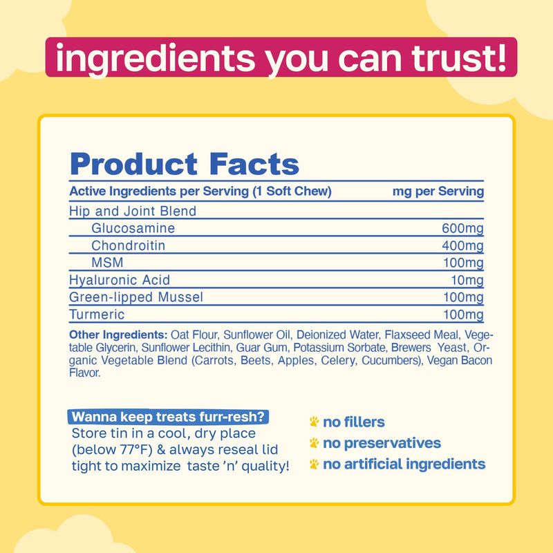 Happy Paws Hip and Joint Supplement for Dogs, Glucosamine Chondroitin for Dogs of All Breeds, Joint Support Soft Chews with Hyaluronic Acid & Turmeric, Vegan Bacon Flavor, Non GMO, 100 Soft Chews 100 Units