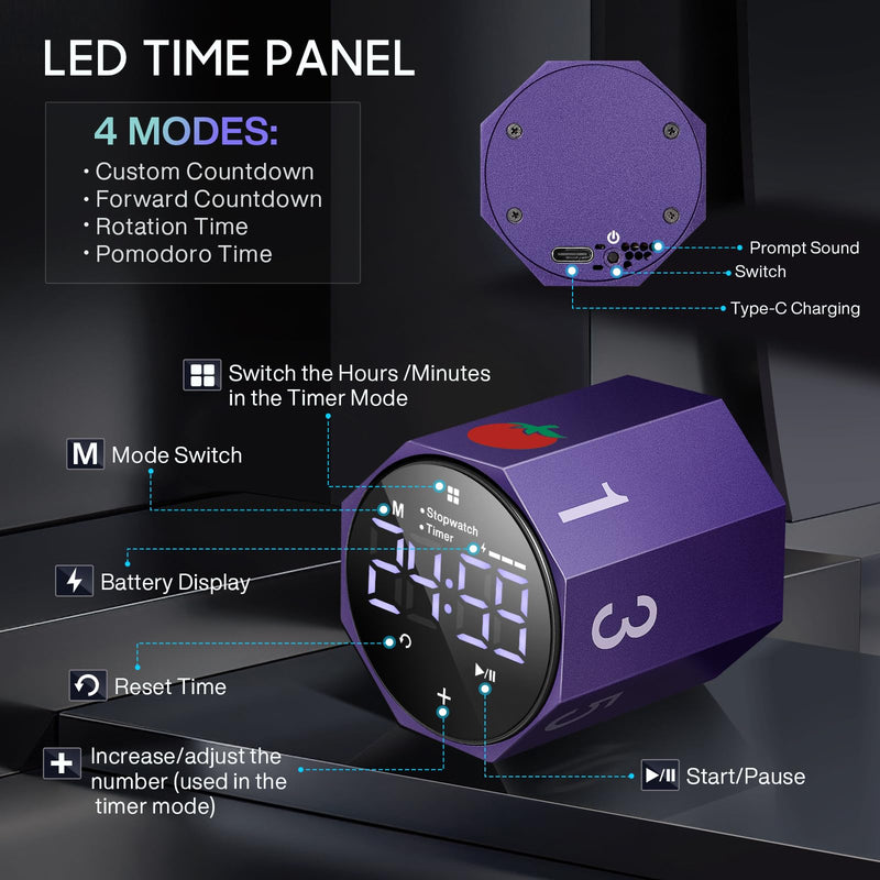 Digital Pomodoro Timer,Frosted Metal Productivity Cube Timer,1.8 in LED Digital Large Screen,Auto-Rotating Display,1/3/5/10/25/30/60min & Custom Time, Silent & Alarm,for Office, Study, Work(Purple) Purple