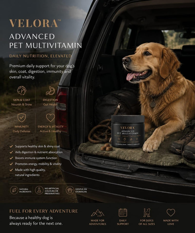 Velora Signature 5-in-1 Multivitamin Chews for Pets — Advanced Daily Wellness Support for Cardiac Health, Luxurious Skin & Coat, Digestive Comfort, Immune Defense, and Everyday Vitality • 90 Chews Dog