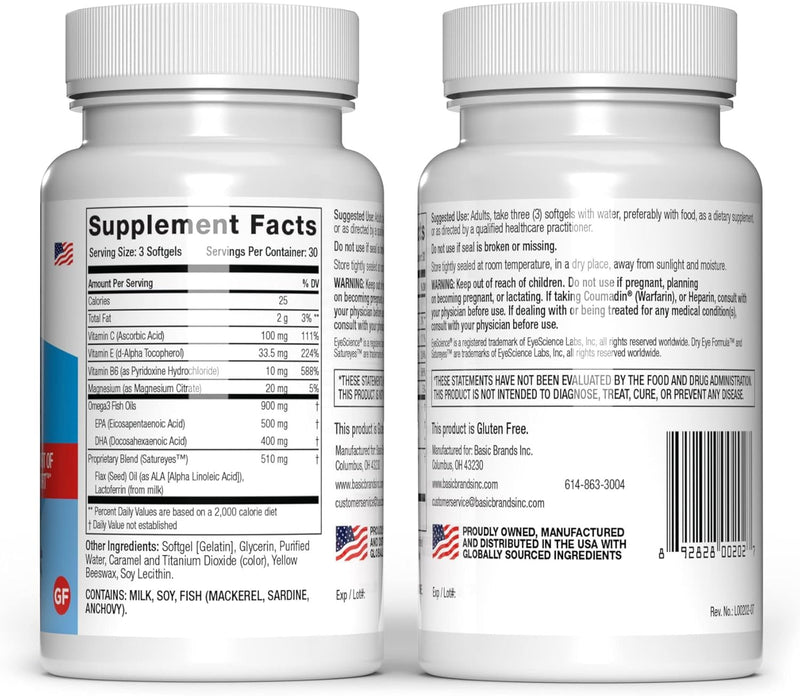 EyeScience - Dry Eye Formula - 90 Softgels - for Relief, Omega-3, Vitamins E, C & B6, Magnesium - Tear Production & Lasting Comfort - 2 Pack 90 Count (Pack of 2)