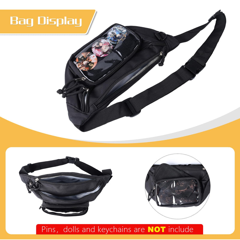 Ita Bag Fanny Pack Belt Bag Shoulder Bag with Pin Display for Travel Walking Running Hiking Cycling Stylish and Versatile Waist Pack (BLACK) Black