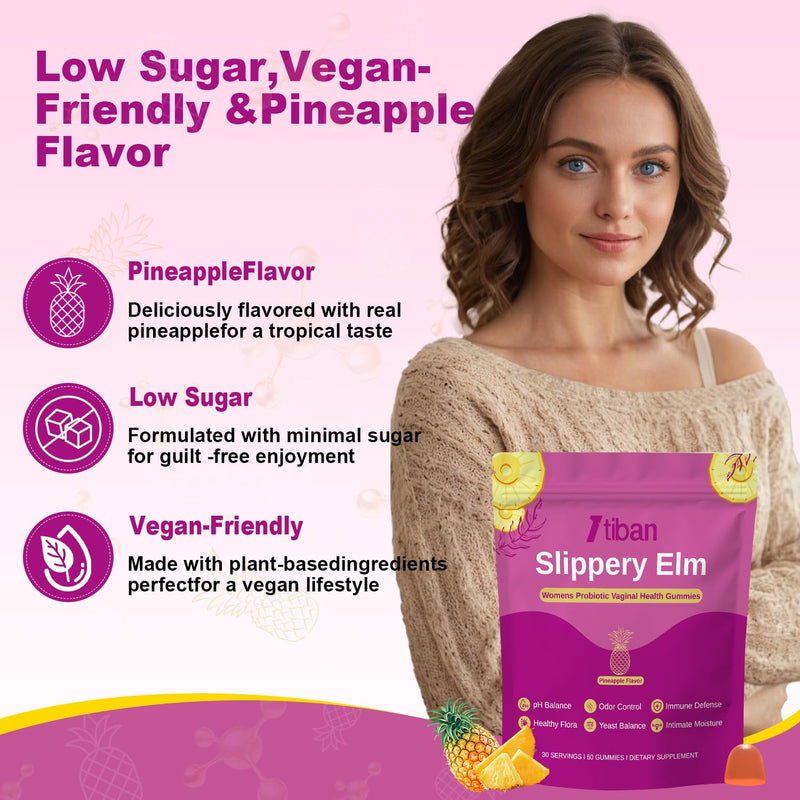 Slippery Elm Feminine Probiotic Moisture Gummies, pH Balance, Vaginal Flora, Odor Health with Bacillus coagulans, Delicious Pineapple Flavor, 60 Count Pink-bag-pineapple