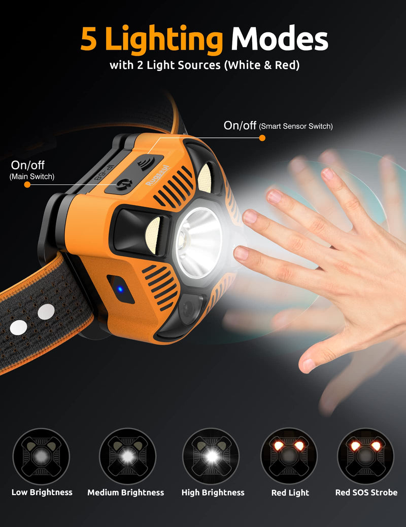 Headlamp Flashlight, IP68 Waterproof Outdoor Rechargeable LED Headlamp with 6 Lighting Modes Ultra-Light Bright Headlight for Camping, Hiking, Fishing, Cycling, Hunting Gear（Yellow Orange