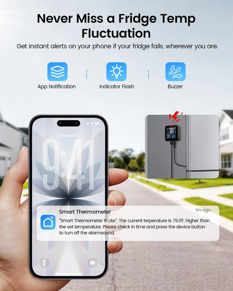 WiFi Refrigerator Thermometer with Freezer Alarm, Digital Fridge Temperature with App Alert, Loud Buzzer & Indicator Alarm, 1-Year Data Export, Freezer Monitor for Kitchen Fish Tank Hot Tub - BeesActive Australia