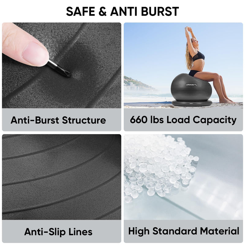 APEXUP Yoga Ball Chair, Exercise Ball Chair with Base for Office, Anti Slip Stability Ball Fitness Ball Seat, Home Gym Workout Ball, Balance Ball with Pump (Black, L) L (23"-26"/65cm) Black