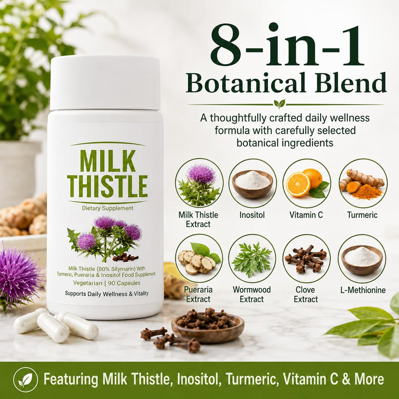 Milk Thistle Liver Detox, Vegan Support, 90 Capsules | 8 In 1 Blend Liver Support Supplement with 80% Silymarin, Inositol, Turmeric & Vitamin C, Daily Wellness Formula.1pc 1pc