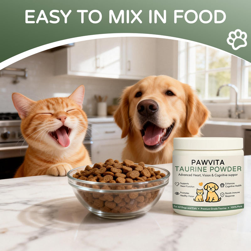 Pawvita Pure Taurine Supplement Powder for Dogs & Cats - Advanced Heart, Vision & Cognitive Support - Easy to Mix in Food, 200g