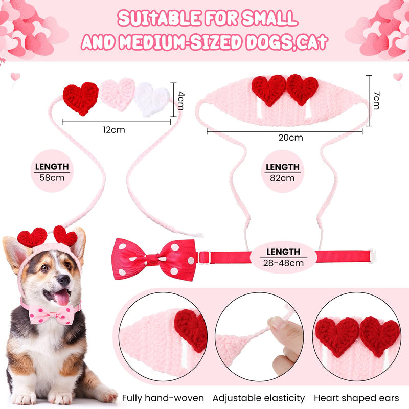 2Pcs Valentines Day Heart Headband for Cat and 2Pcs Pet Neck Bow Cat Valentines Day Headband with Ear Holes and Chin Straps Adjustable Dog Bow Tie Valentines Pink Red Heart Headband for Dogs Cats Pets - BeesActive Australia