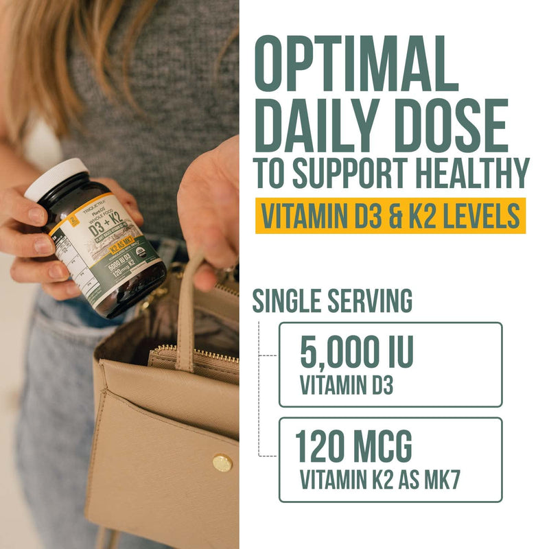 Organic Plant D3 + K2 | 5000 iu D3 + 120 mcg K2 as All-Trans MK7 from MenaQ7® - 100% Whole Food, Raw & Vegan | Enhanced Digestion with Prebiotic & Superfood Complex – D3 from Organic Algae (60 Count) 60 Count (Pack of 1) - BeesActive Australia