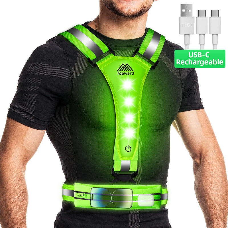 LED Reflective Vest Running Gear, USB-C Rechargeable, Light Up Lights for Night Dog Walking Cycling, Running Phone Holder Vest for Runners, High Visibility with Adjustable Waist/Shoulder green - BeesActive Australia