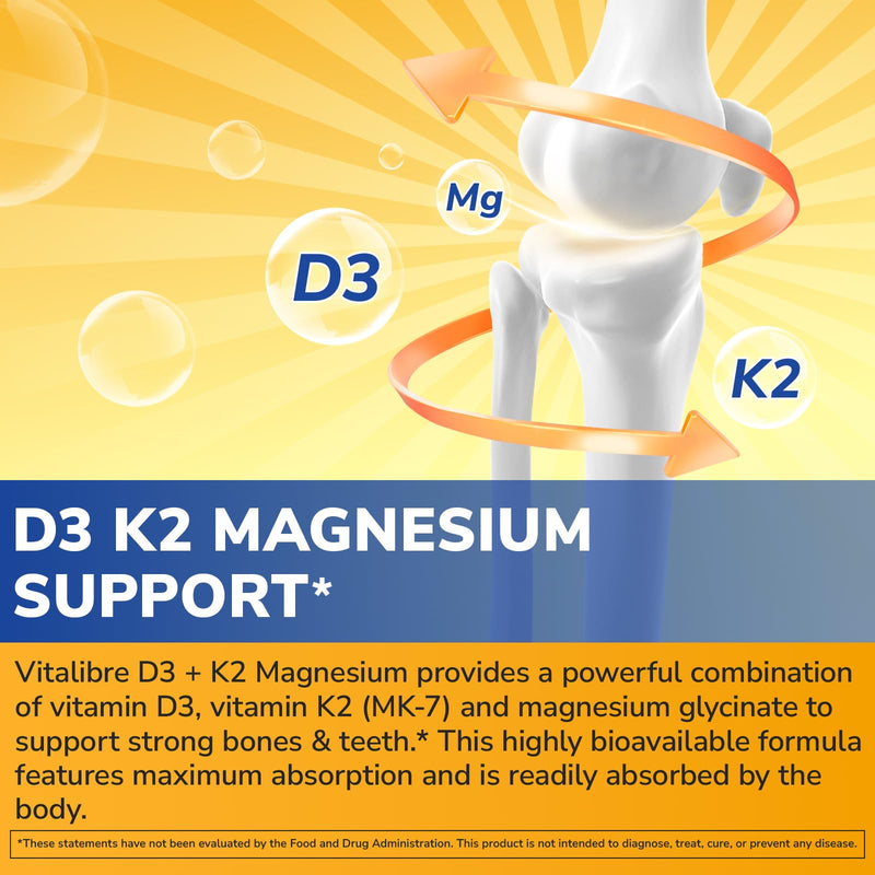 Vitalibre D3 K2 + Magnesium Supplement, 10000 IU Vitamin D3 & 200 mcg K2, with Magnesium Glycinate, Bone, Teeth, Immune & Energy Support, High Absorption, Non-GMO, Easy to Swallow, 60 Capsules 60 Count (Pack of 1)