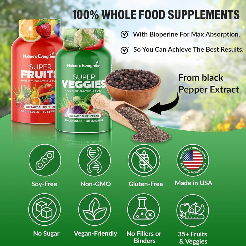 Fruits and Veggies Supplement - Nature Fruits and Vegetables Supplements - Vegan, Non GMO, Soy Free, Superfood Vitamins & Minerals Nutritional Balance - (Total 180 Capsules - Pack of 2) Made in USA 90 Count (Pack of 2)
