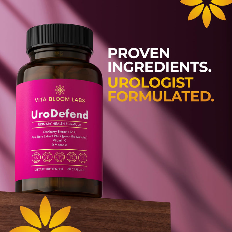 UroDefend UTI Protection Formula | Cranberry PACs | Physician Formulated | Additive Free + Gluten Free | Cranberry Extract, Pine Bark Extract, D Mannose, Vitamin C | 60 Capsules