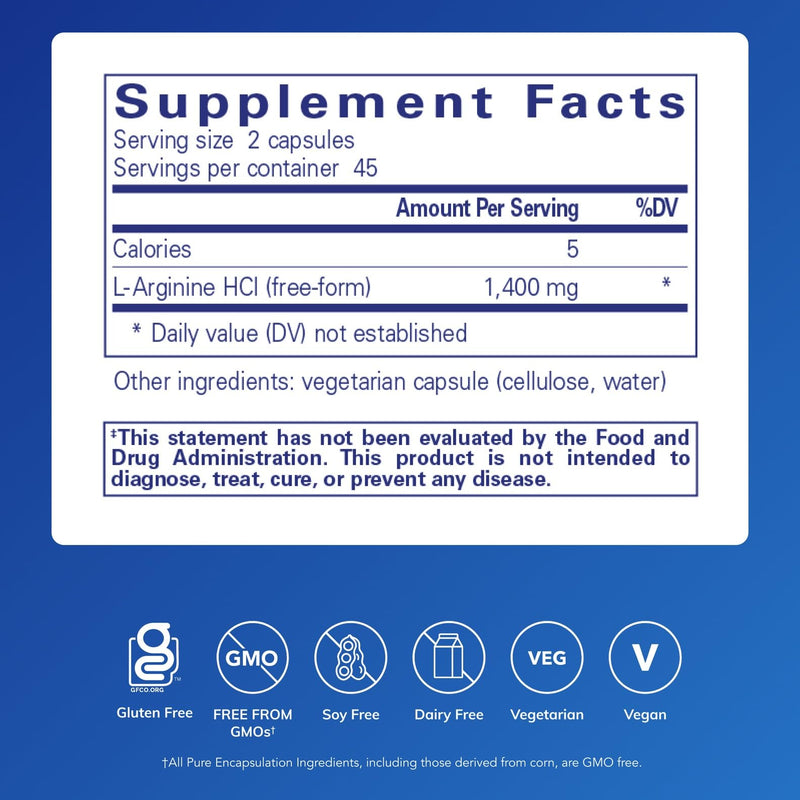Pure Encapsulations L-Arginine, 90 Capsules | 1,400 mg, Support Nitric Oxide Production, Heart Health and Blood Flow*, Gluten-Free and Non-GMO 90 Count (Pack of 1)