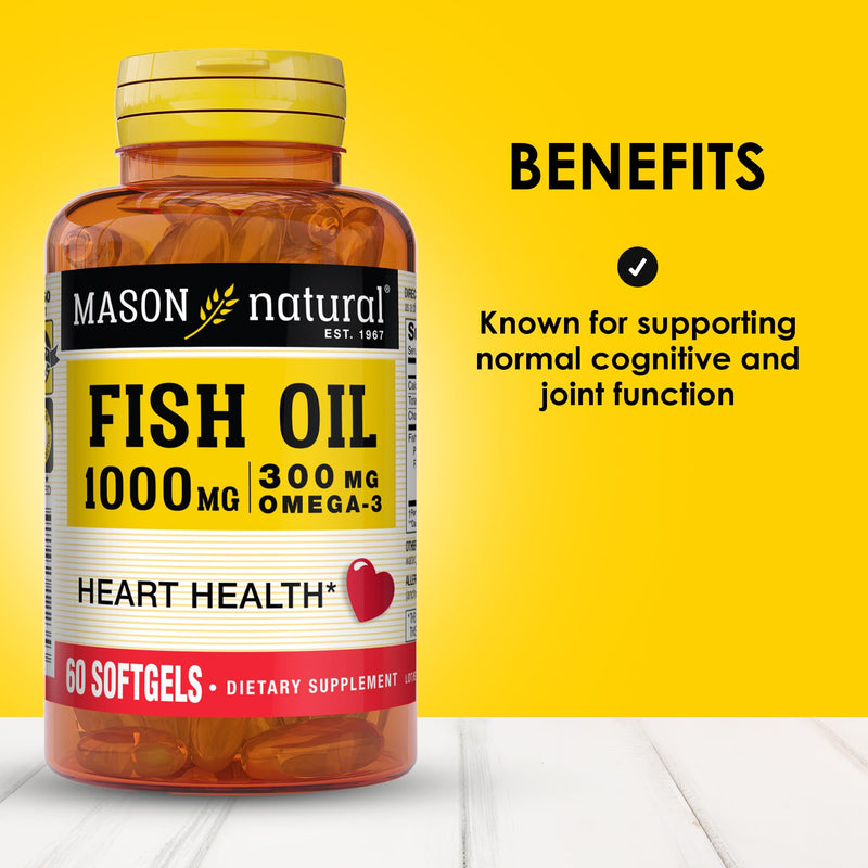 MASON NATURAL Omega-3 Fish Oil 1000mg with EPA & DHA, 180 Day Supply | 300mg omega-3 per serving with 180mg EPA & 120mg DHA to support normal cognitive & joint function; 180 softgel pills 60 Count (Pack of 3)