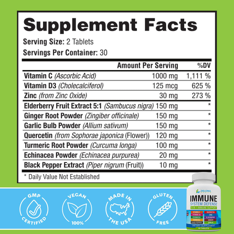 10 in 1 Immune System Support Supplement - Vitamin C (1000 mg), Quercetin, Vitamin D3 (5000iu), Zinc (40 mg), Elderberry, Echinacea, Turmeric, Ginger, Garlic, Black Pepper