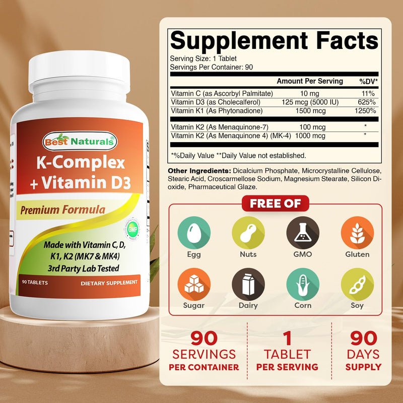 Best Naturals K-Complex with K1 (Phytonadione 1500 mcg + K2 as Menaquinone 100 mcg + K2 as MK-4 1000 mcg) + D3 + VIT. C - 90 Tablets - Made in The USA (Pack of 2) 90 Count (Pack of 2)