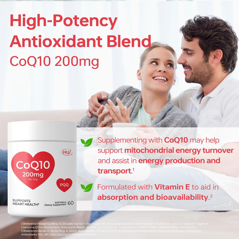 HUJ CoQ10 200mg Per Day - Heart Health & Cellular Energy Support with Coenzyme Q10, Vitamin E & PQQ - 60 Softgels