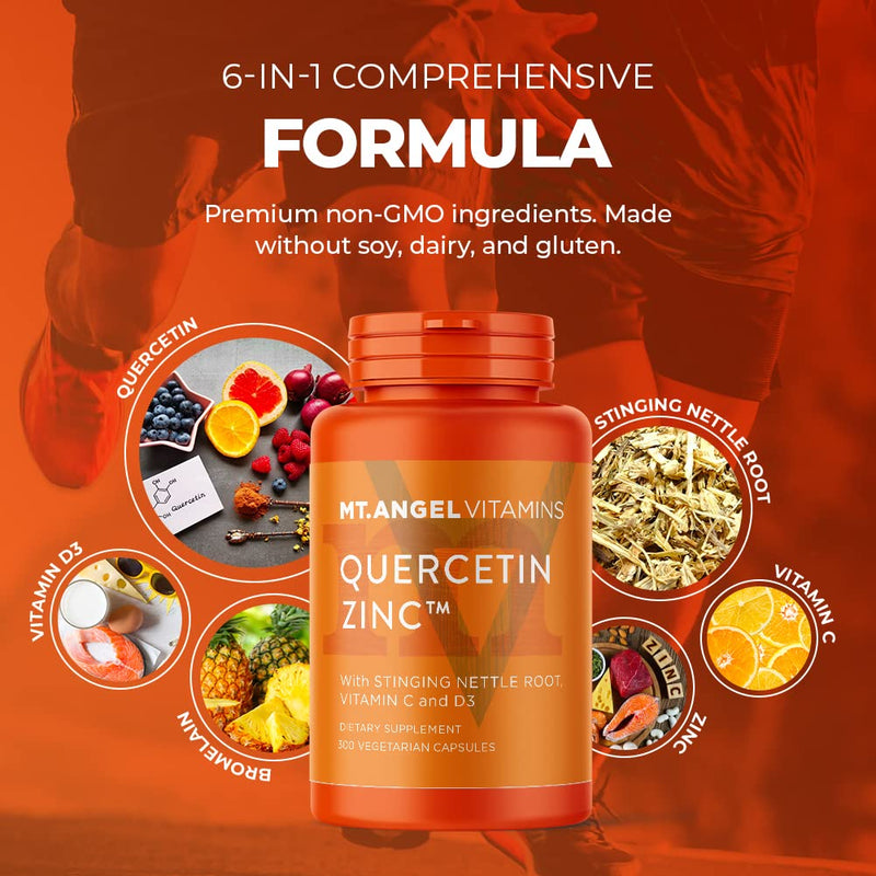 Mt. Angel Vitamins - Zinc Quercetin with Bromelain Supplement – Immune Support & Respiratory Health - Quercetin 500mg Capsules | Zinc 50mg | Vitamin C Capsules | Immune Booster for Adults - 300ct. 300 Count (Pack of 1)