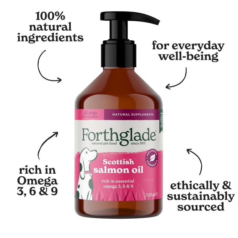 Forthglade Scottish Salmon Oil for Dogs (1 x 500ml), UK Sourced Omega 3 Fish Oil Dog Joint Supplement for Pets Aged 4+ Months, 100% Natural Premium Quality Dog Vitamins for Everyday Wellbeing