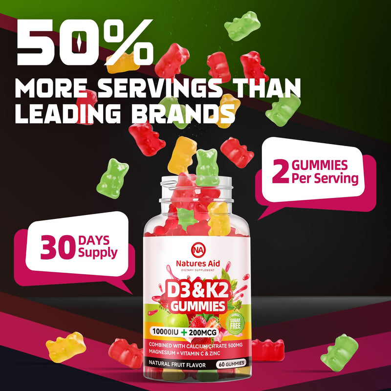 Natures aid Sugar-Free Vitamin D3 K2 Gummies with Calcium + K2 (MK-7), Magnesium Citrate, Vitamin C, Extra Strength - Ultimate Absorption for Bone Muscle Teeth Immune, Vegan - 120 Gummies 120 Count (Pack of 1)