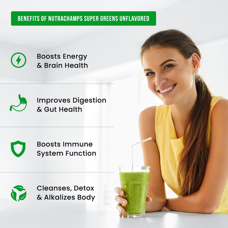NutraChamps Super Greens Powder Premium Superfood | 20+ Organic Green Veggie Whole Foods | Alfalfa, Spirulina, Chlorella & More | Antioxidant, Digestive Enzyme & Probiotic Blends | Unflavored | 60 SVG 18 Ounce (Pack of 1)
