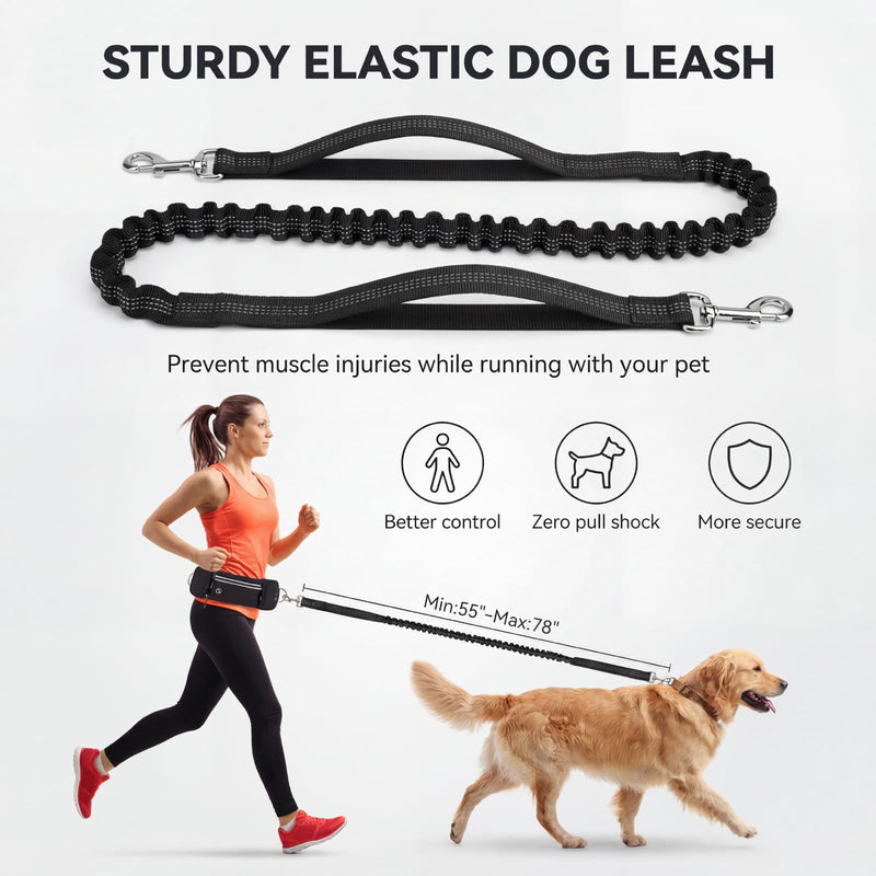 Hands Free Dog Leash 3 Zip Pounchs with Reflective Strips Poop Bag Dispenser,Waist Belt Fanny Pack Waterproof,Dual Handles and Durable Bungee for Dog Walking,Jogging and Running (black-black) black-black