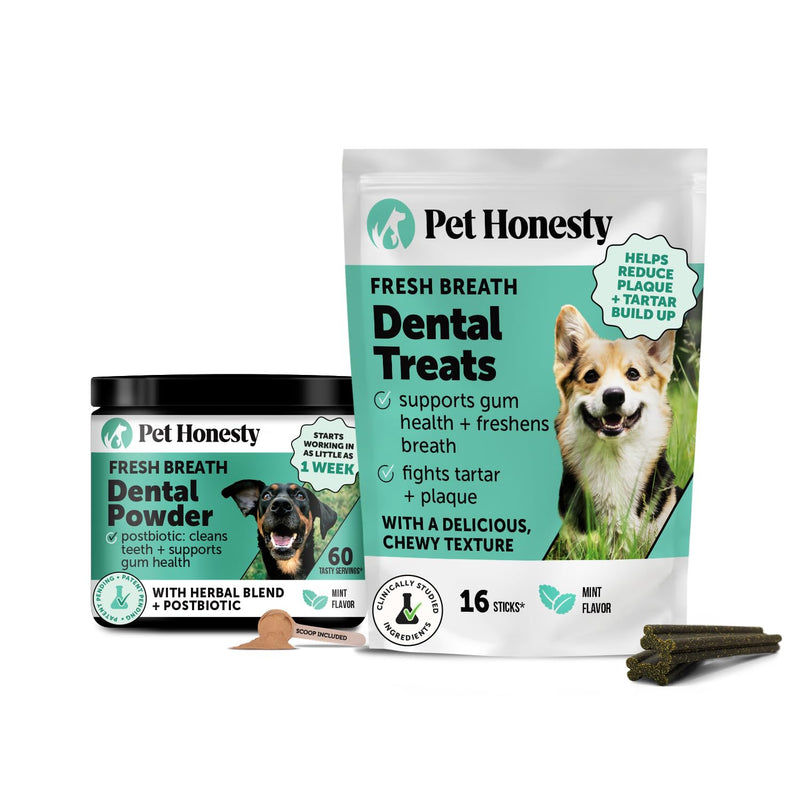 Pet Honesty Dog Dental Care Virtual Bundle – Mint Dental Powder 60 Servings + Fresh Sticks Oral Hygiene Chews 16 ct