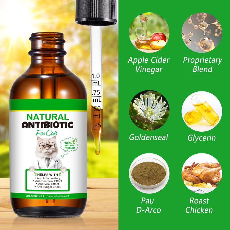 Antibiotics for Cats, Cat Antibiotics, Natural Herbal Drops for Infections, Supports Immunity & Itch Relief, Chicken Flavor 60ml