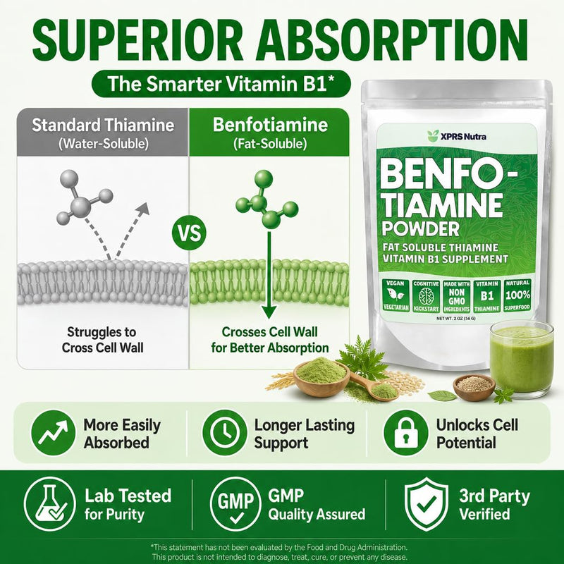 XPRS Nutra Benfotiamine Powder (Thiamine) - Fat Soluble Happy Heart Thiamine Supplement - Advanced Vitamin B1 Benfotiamine for a Cognitive Boost - Vegan Friendly Benfotamine Powder (2 Ounce)