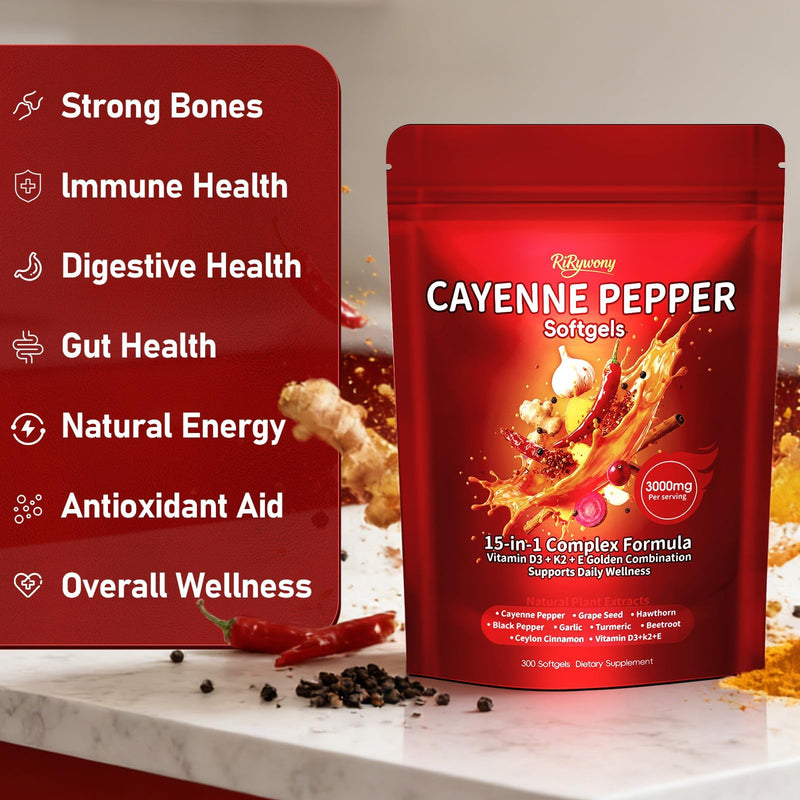 Cayenne Pepper Capsules, 15-in-1 Cayenne Pepper Supplements with Vitamin D3, K2, E & Grape Seed Oil, Supports Leg Vein, Heart and Blood Vessel Health, Daily Herbal Capsaicin Supplements, 300 Softgels