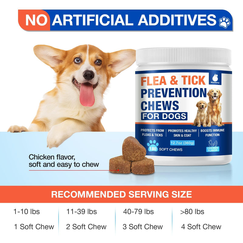 Natural Flea and Tick Prevention for Dogs Chewables, 180 Cts, Oral Flea Pills for Dogs, Dog Flea and Tick Treatment, Skin & Coat Support Supplement