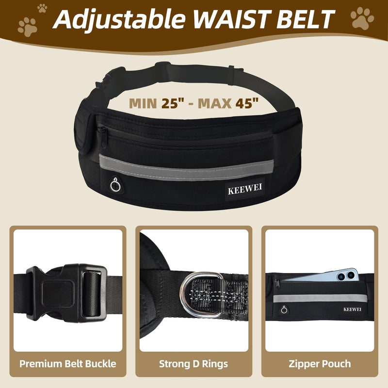 Hands Free Dog Leash with Zipper Pouch, Dual Padded Handle Dog Waist Belt, Retractable Bungee Leash with Reflective Stictches for Small & Medium Dog Running Walking Jogging Training, Black - BeesActive Australia