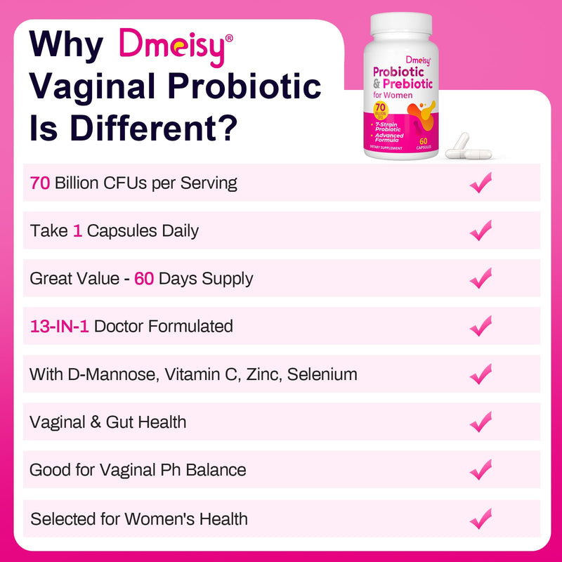 Vaginal Probiotics, 70 Billion CFU Probiotics for Women, 4 Months Supply | 13-in-1 Womens Probiotic & Organic Prebiotics for Vaginal, Urinary, pH Balance, Immune, Gut & Digestive, Bloating Health 60 Count (Pack of 2)