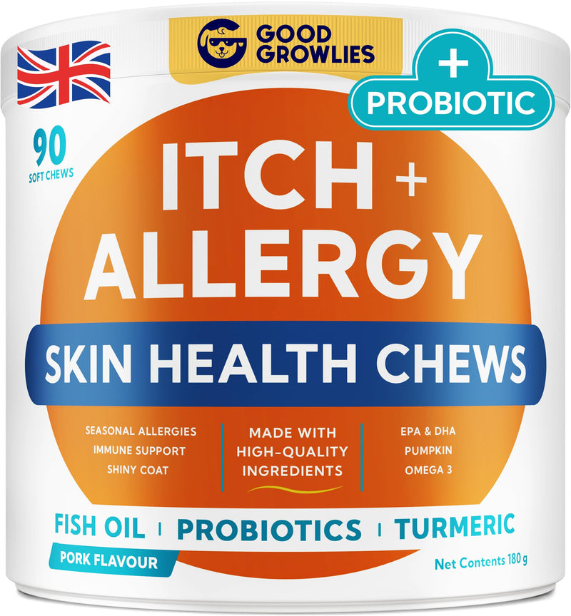 Itchy Dog Skin Relief - Allergy Support Chews - Skin & Coat Supplement - Omega 3 Fish Oil - Itching & Paw Licking - Dry Skin & Hot Spots - 90ct/Pork 90 Soft Chews