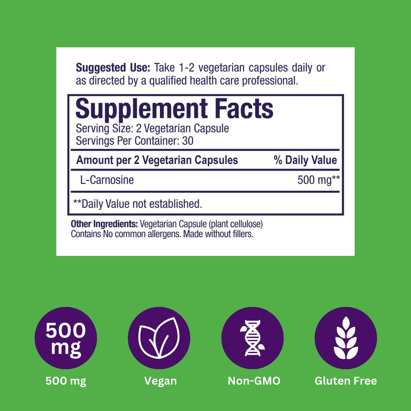 Paradise Herbs L-Carnosine Vegan Non-GMO Gluten Free 60 Capsules | Ultra pure dietary supplement in vegetarian form, daily servings with amino acid support and clean-label formulation