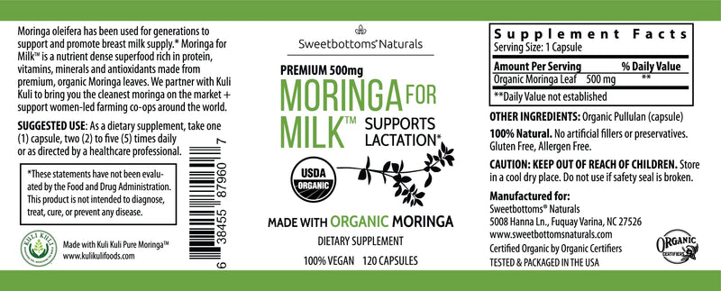 Lactation Supplement - Organic Moringa Capsules for Breastfeeding Support to Increase Breastmilk Supply (120 ct) Pure Malunggay Leaf Powder for Milk Production Booster & Postnatal Vitamins A E K 500mg