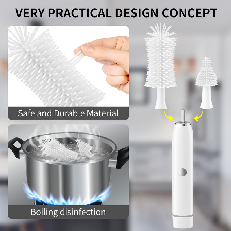 Electric Baby Bottle Brush Set with Rechargeable Electric Bottle Brush Cleaner and Silicone Bottle Brushes and Straw Brush Cleaner,Waterproof Travel Bottle Brush,Magnetic Suction Charging 1800mAh White - BeesActive Australia