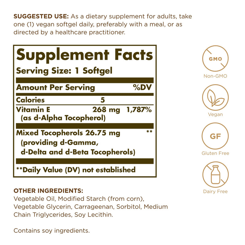 Solgar Vitamin E 268 mg (400 IU) - 100 Vegan Softgels - Naturally Sourced - Non-GMO, Gluten Free - 100 Servings