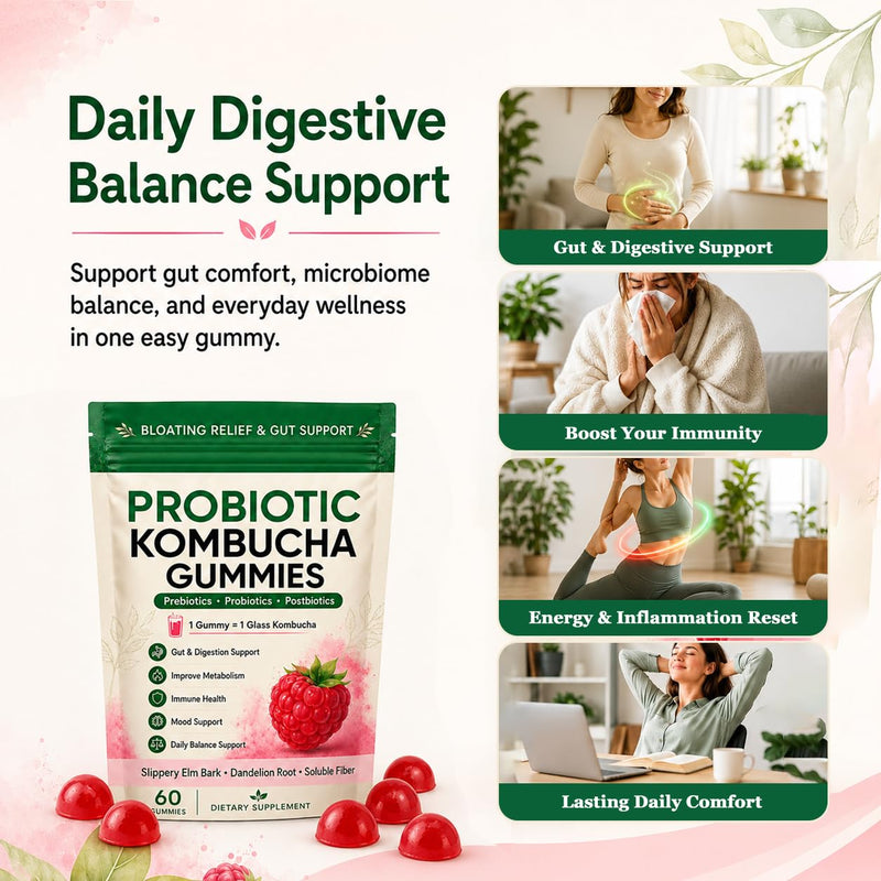 Jevawell Kombucha Gummies, Prebiotic Probiotic Postbiotic Formula, Digestive & Gut Health Support, Microbiome Balance & Digestive Comfort, Vegan, Non-GMO, 60 Gummies (1 Peak) 1 Peak
