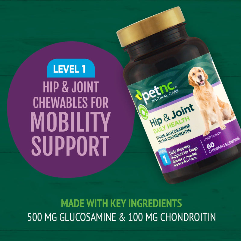 PetNC Natural Care Level-1 Hip & Joint Health Supplement for Younger Dogs,60 Chewable Tablets, 500mg Glucosamine, 100mg Chondroitin, 10mg MSM & 1mg Hyaluronic Acid, Vitamin C & Manganese, Liver Flavor Level 1