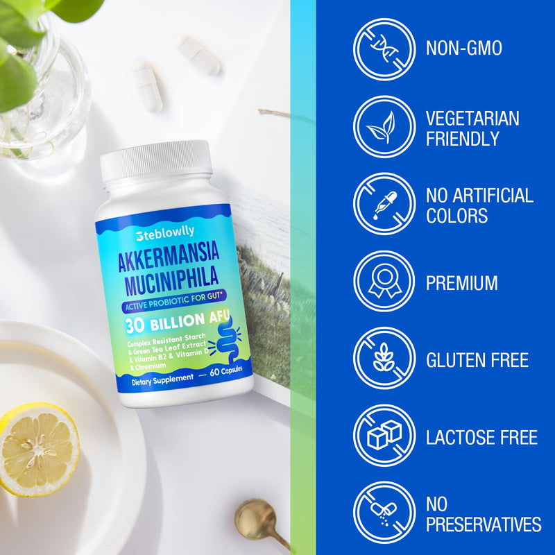 Akkermansia, Akkermansia Muciniphila for Gut Health, Metabolic*, 60 Caps | Akkermansia Probiotics for Women & Men, with Chromium, Green Tea Leaf, B2 - for Digestive Health & Immune