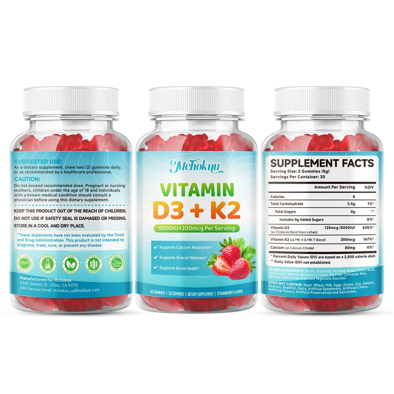 Vitamin D3 K2 Gummies 5000IU Sugar Free Supplement, 120 Count | Vitamin D3 K2 Supplement 5000IU D3 & K2 200mcg, Non-GMO, Strawberry, Supports Bone & Calcium Absorption* for Daily Wellness