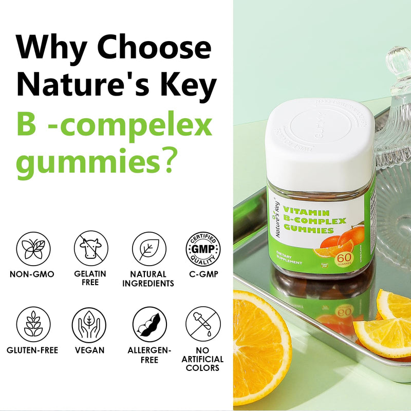 Nature's Key Vitamin B-Complex Gummies for Women & Men - Vitamin B1, B2, B3, B5, B6, B7, B9, B12 Supplements for Immune & Cellular Energy Support, Orange Flavor, 60 Count (30 Days Supply)