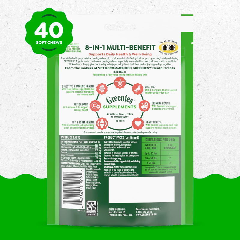 Greenies Dog Supplements 8-in-1 Multi-Benefit Chicken Flavor, 7.76 oz. Pouch, 40 Count - BeesActive Australia