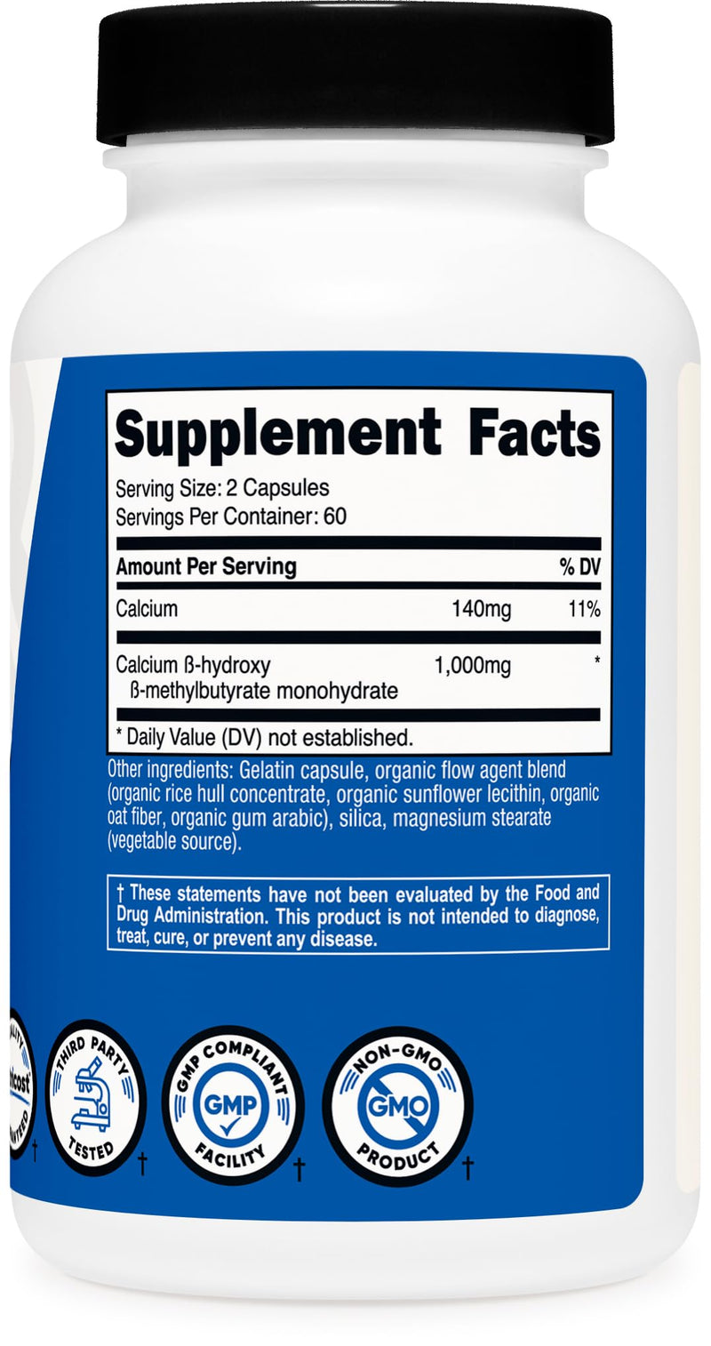 Nutricost HMB (Beta-Hydroxy Beta-Methylbutyrate) 1000mg, 120 Capsules | 500mg Per Capsule, 60 Servings - Gluten Free and GMO-Free 120 Count (Pack of 1)