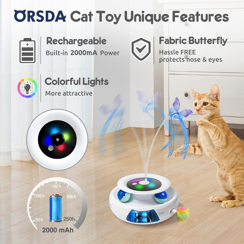 ORSDA Cat Toy, 3-in-1 Automatic Cat Toys for Indoor Cats, Electronic Whack a Mole, Fluttering Butterfly,Track Balls Kitten Toy, Rechargeable Power Interactive Feather Toys for All Breeds White - BeesActive Australia